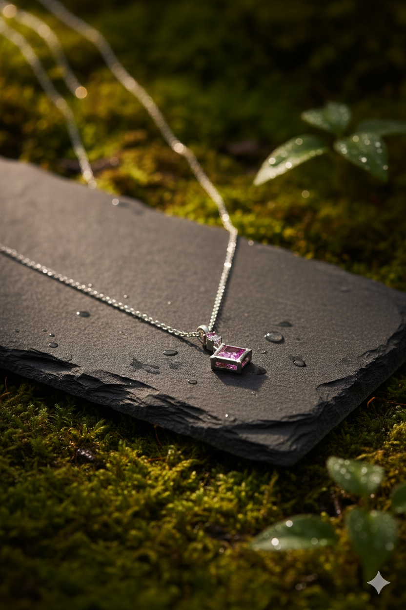 92.5 Sterling Silver Pink Stone Pendant Necklace | 4-5g Lightweight Premium Jewelry | Square Cut Crystal