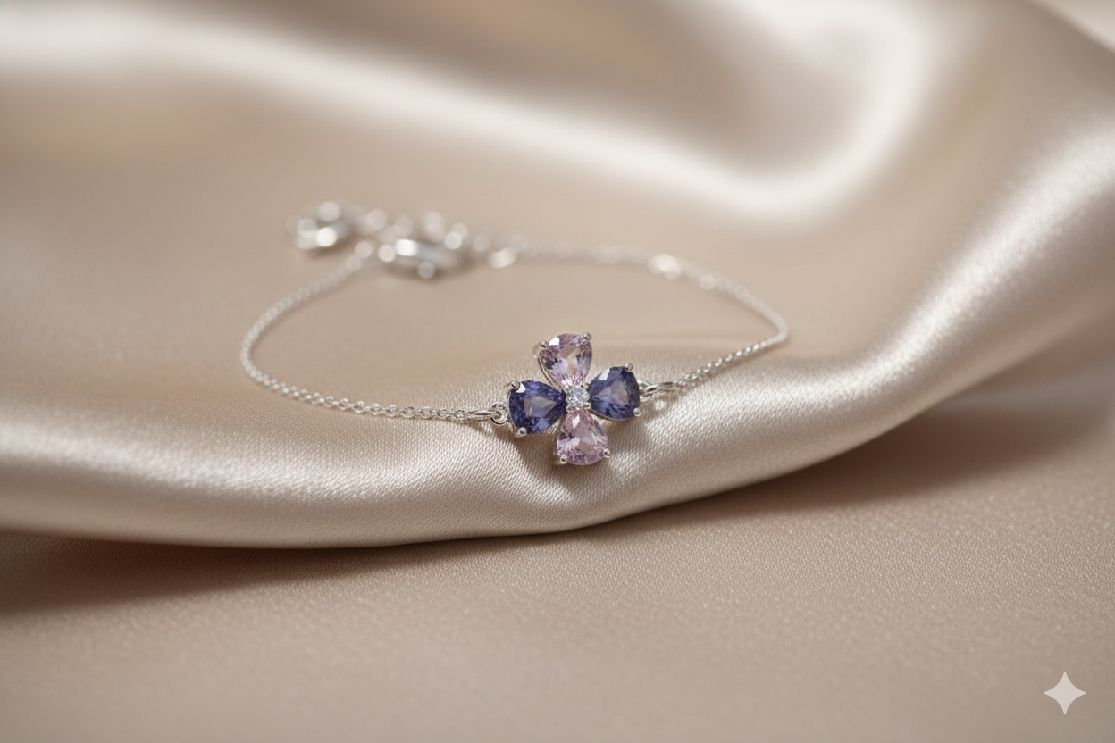 92.5 Sterling Silver Four-Leaf Clover Amethyst & Pink Crystal Bracelet