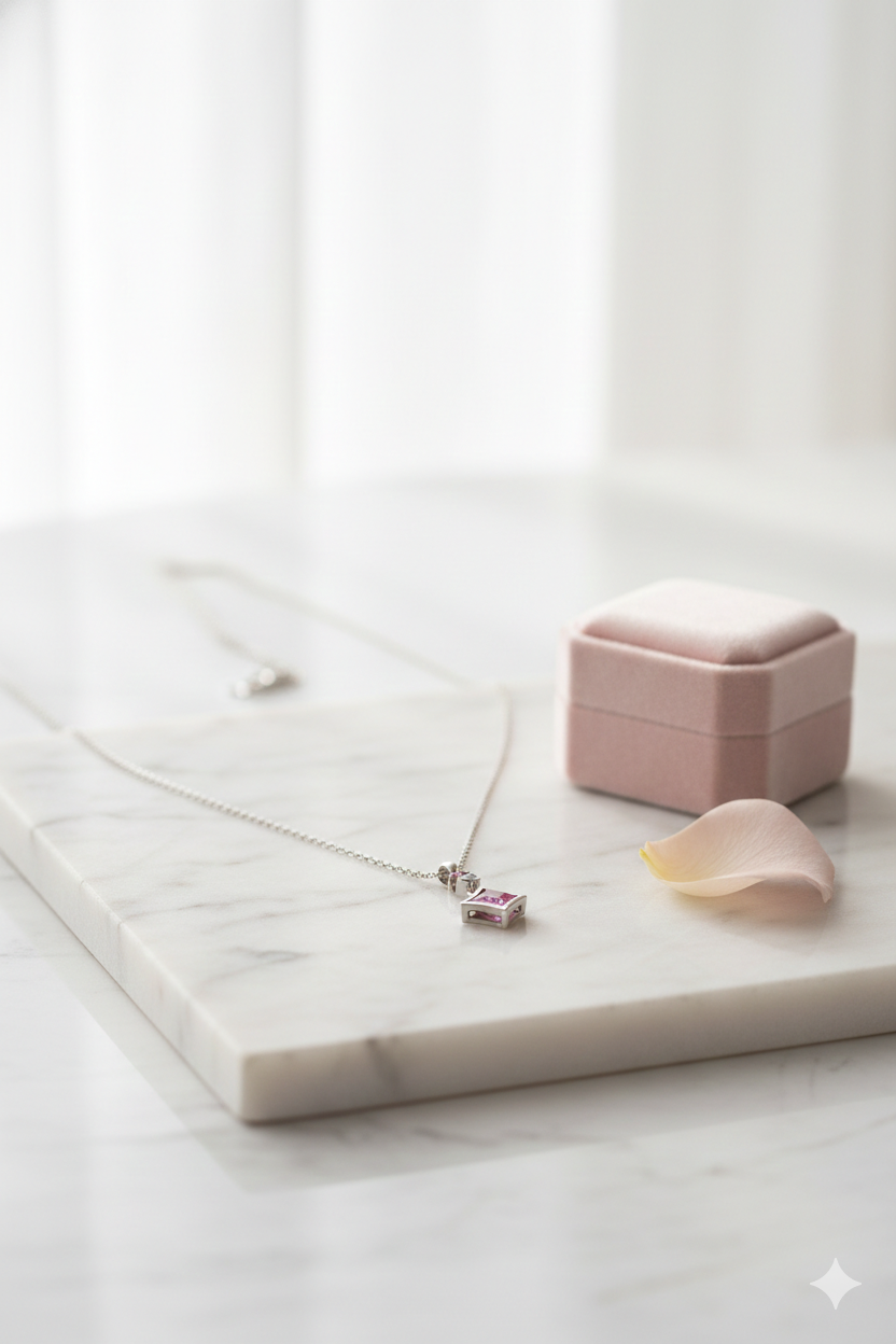 92.5 Sterling Silver Pink Stone Pendant Necklace | 4-5g Lightweight Premium Jewelry | Square Cut Crystal