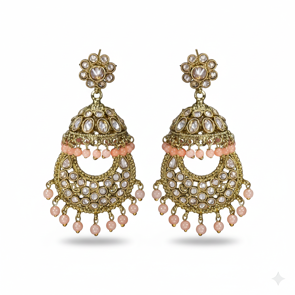 Handcrafted Polki-Style Jhumkas with Peach Bead Droplets