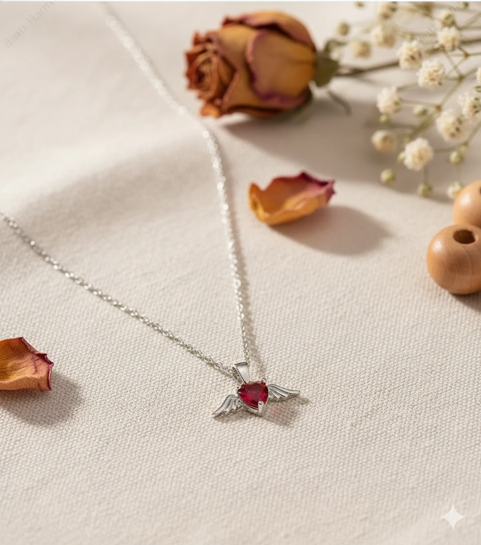 92.5 Sterling Silver "Guardian Angel" Heart Winged Pendant Necklace