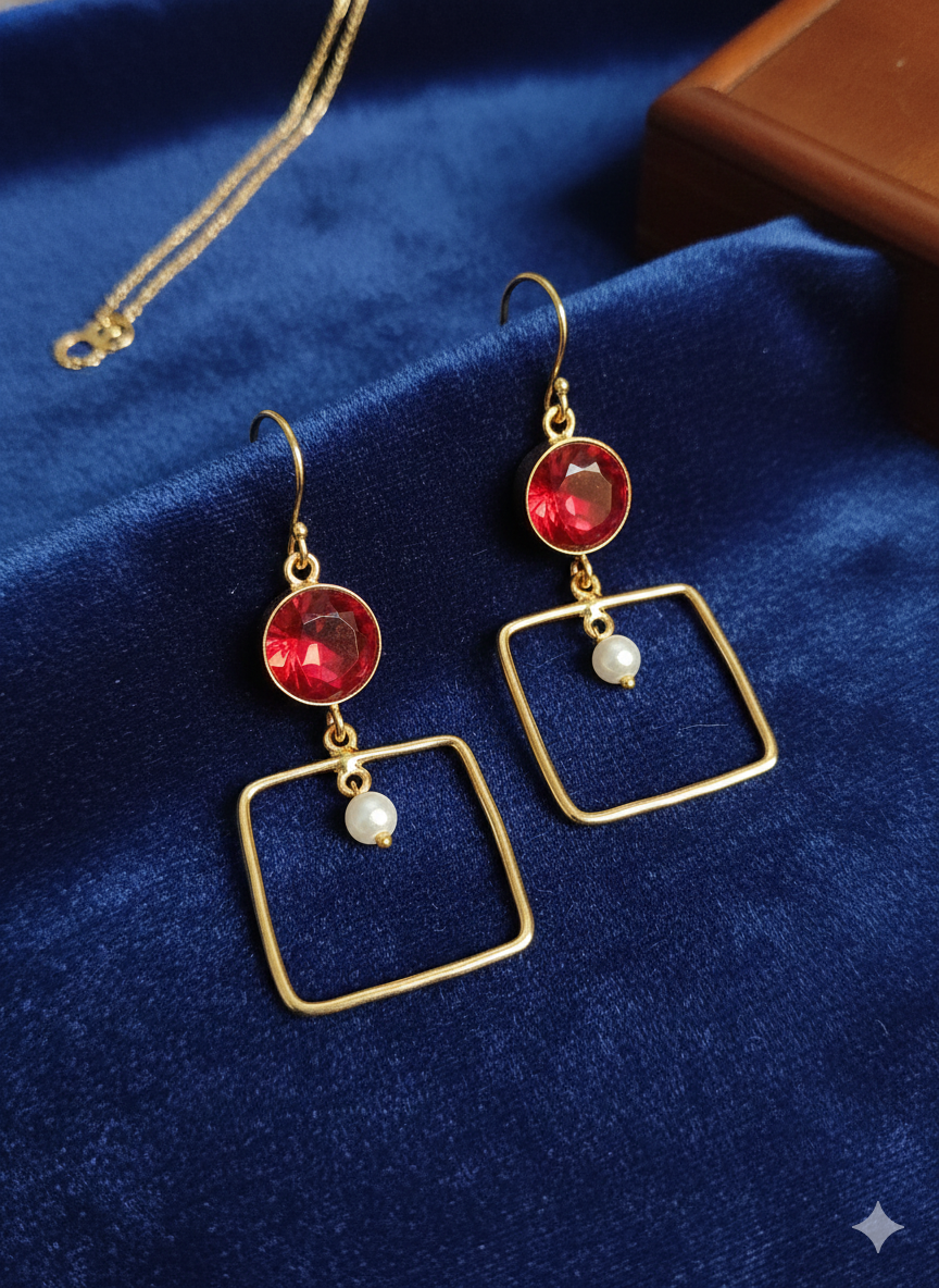 Elegant Red Stone Square Drop Earrings with Pearl Accent(Not Made of Precious Metal)