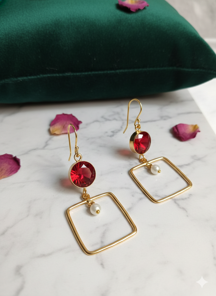 Elegant Red Stone Square Drop Earrings with Pearl Accent(Not Made of Precious Metal)