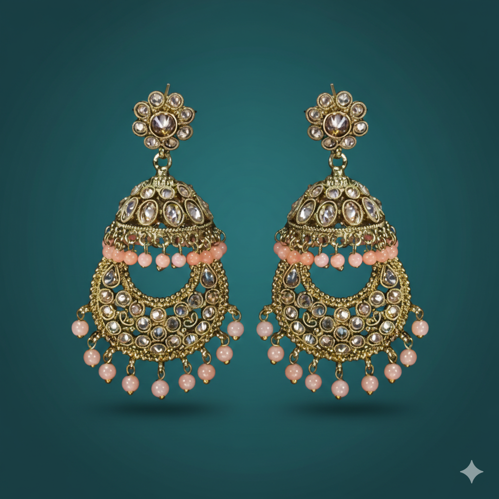 Handcrafted Polki-Style Jhumkas with Peach Bead Droplets