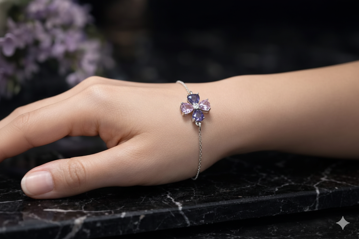 92.5 Sterling Silver Four-Leaf Clover Amethyst & Pink Crystal Bracelet