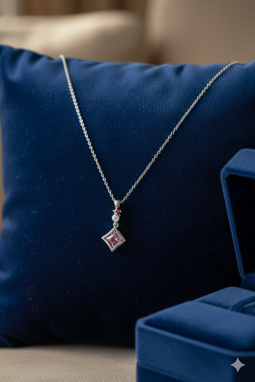 92.5 Sterling Silver Pink Stone Pendant Necklace | 4-5g Lightweight Premium Jewelry | Square Cut Crystal
