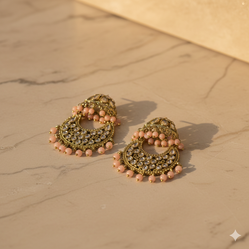Handcrafted Polki-Style Jhumkas with Peach Bead Droplets