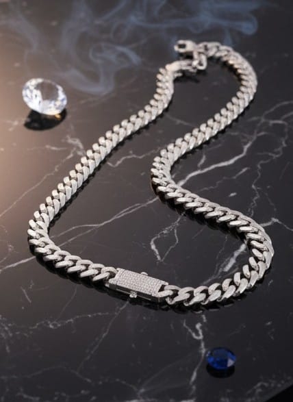 Premium Silver-Finish Iced Cuban Link Chain & Bracelet Set – Diamond-Encrusted Box Clasp