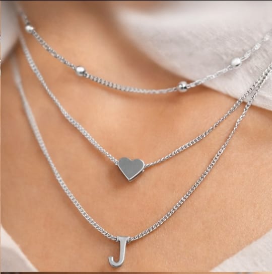 Sterling Silver Multi-Layer Heart Necklace - Personalized "J" Edition
