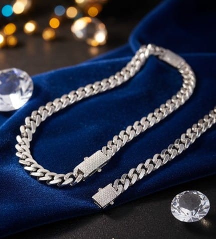 Premium Silver-Finish Iced Cuban Link Chain & Bracelet Set – Diamond-Encrusted Box Clasp