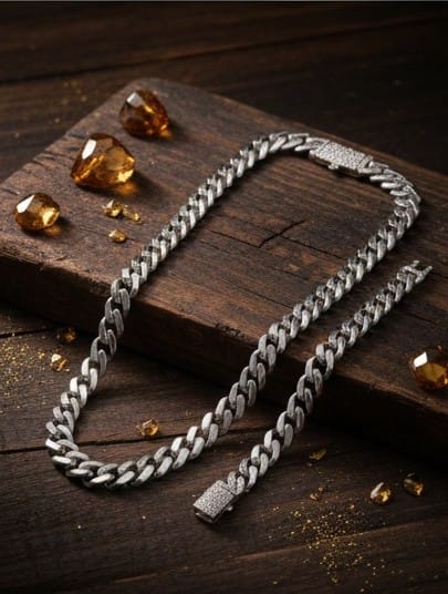 Premium Silver-Finish Iced Cuban Link Chain & Bracelet Set – Diamond-Encrusted Box Clasp