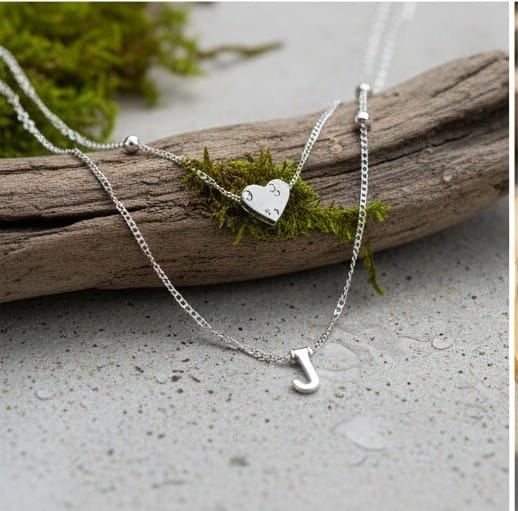 Sterling Silver Multi-Layer Heart Necklace - Personalized "J" Edition