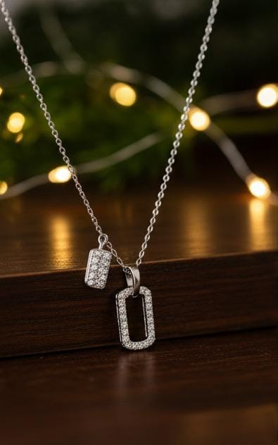 92.5 Sterling Silver Dual Geometric Pendant Necklace | Minimalist Rectangular Charm Jewelry for Women