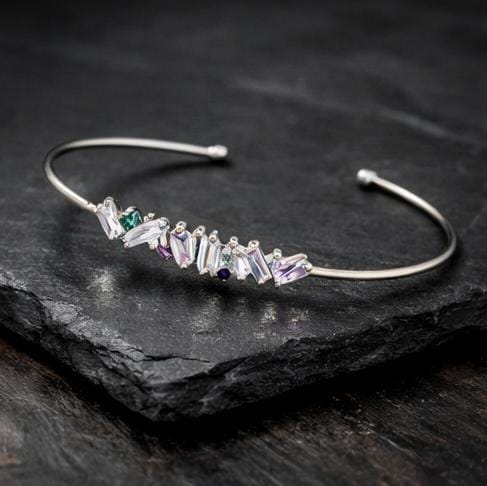 92.5 Sterling Silver Prism Baguette Crystal Bangle – Handcrafted Multicolored Gemstone Bracelet