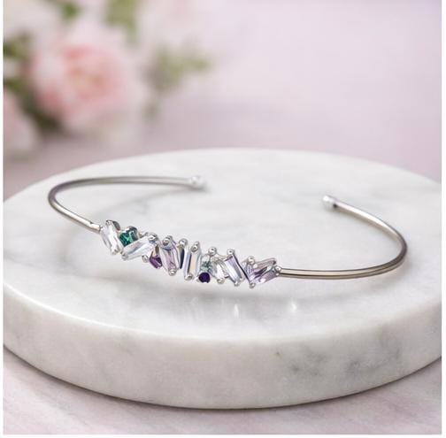 92.5 Sterling Silver Prism Baguette Crystal Bangle – Handcrafted Multicolored Gemstone Bracelet