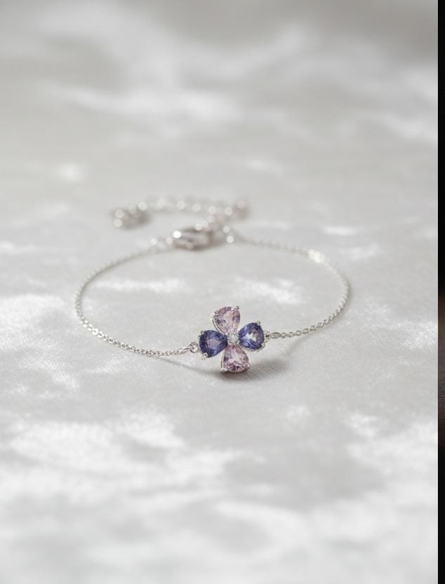 92.5 Sterling Silver Four-Leaf Clover Amethyst & Pink Crystal Bracelet